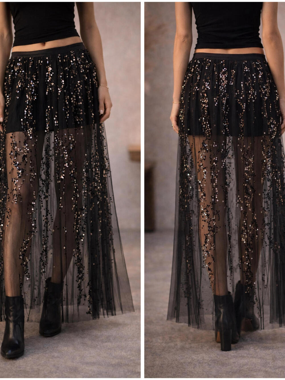 NWT Y2K Black Sequin Sheer Pleated Maxi Skirt Low Rise Party Evening Statement